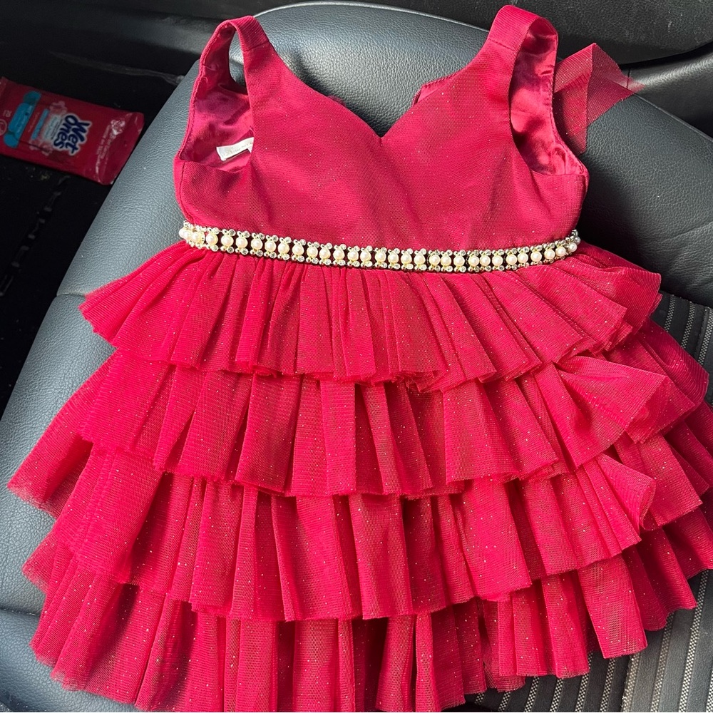 Elegant Red Tiered Dress with Pearl Waistband
